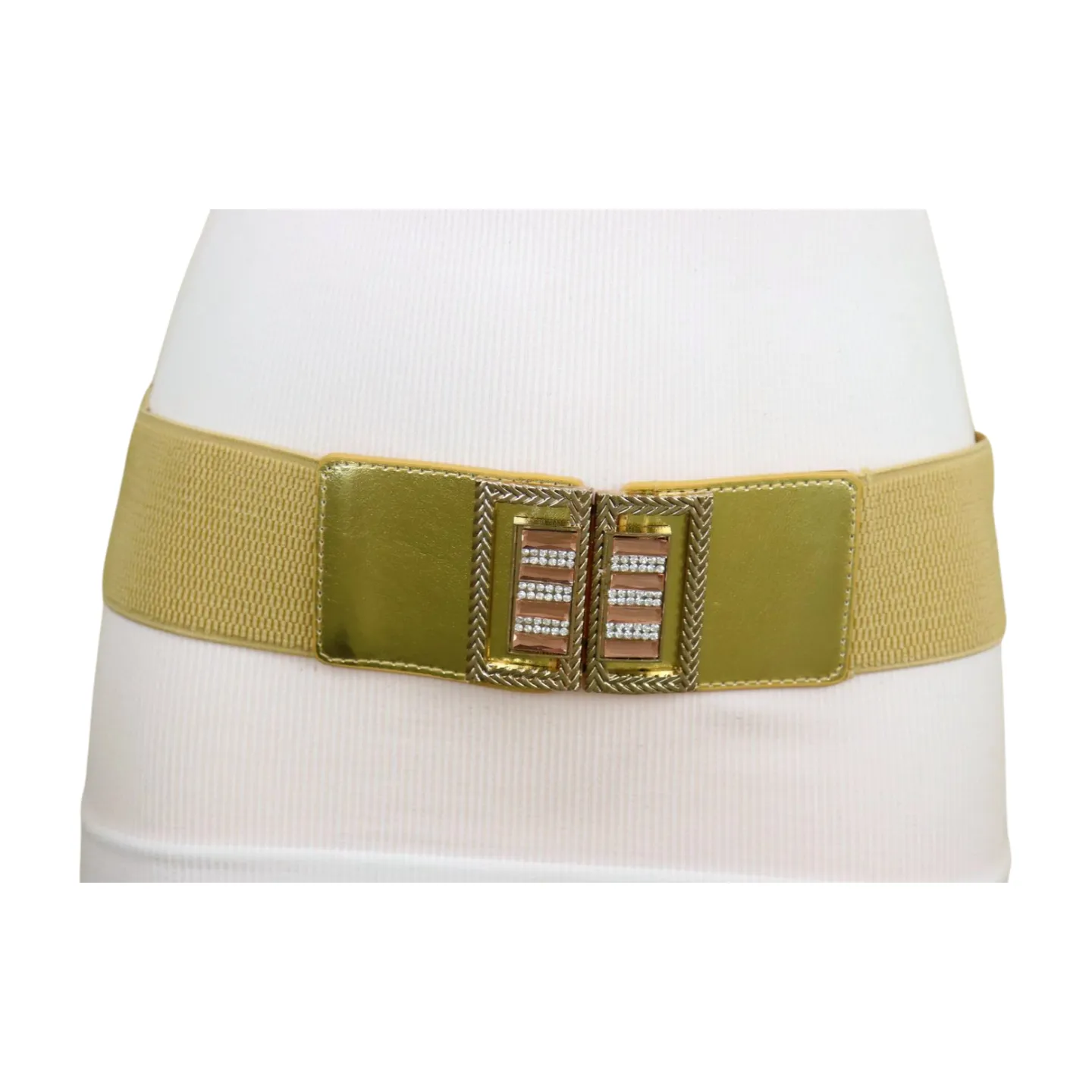 Women Orange Elastic Wide Belt Hip Waist Gold Metal C Buckle S M
