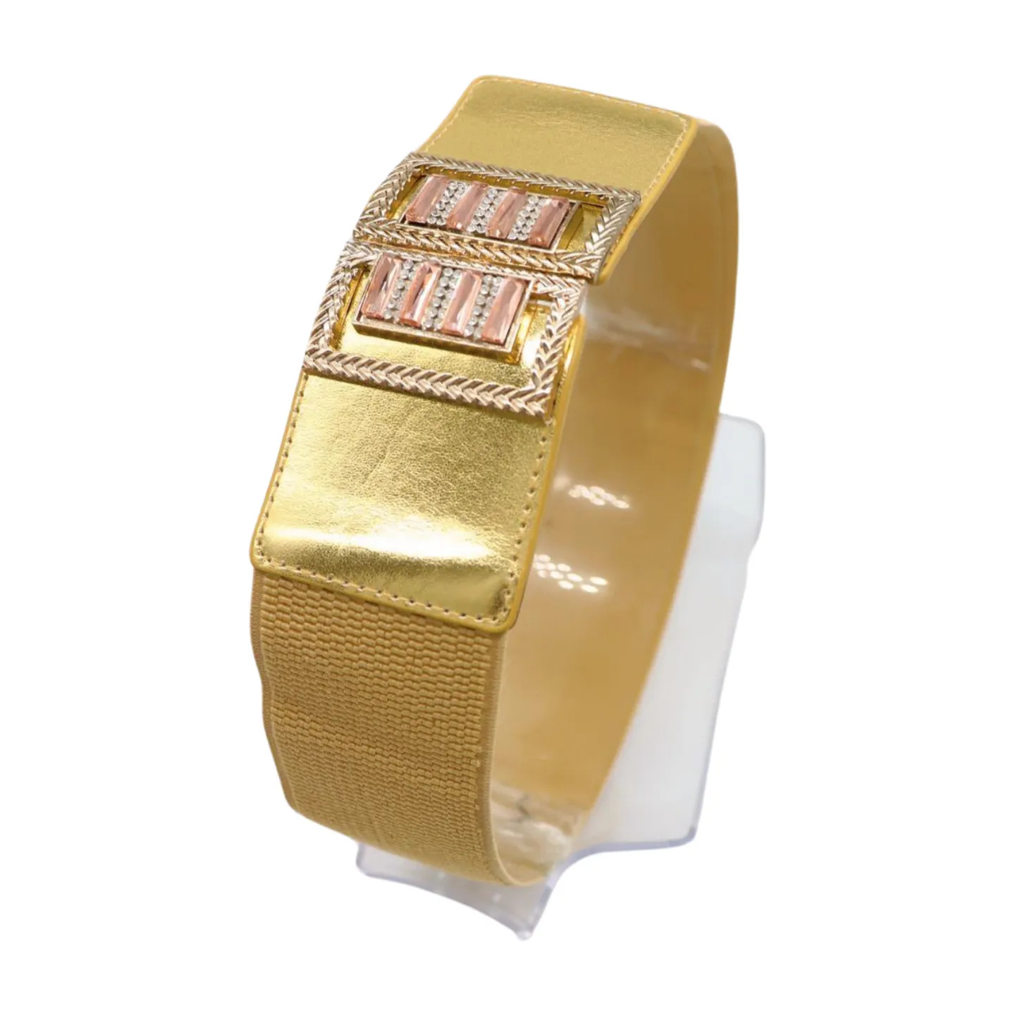 Women Orange Elastic Wide Belt Hip Waist Gold Metal C Buckle S M