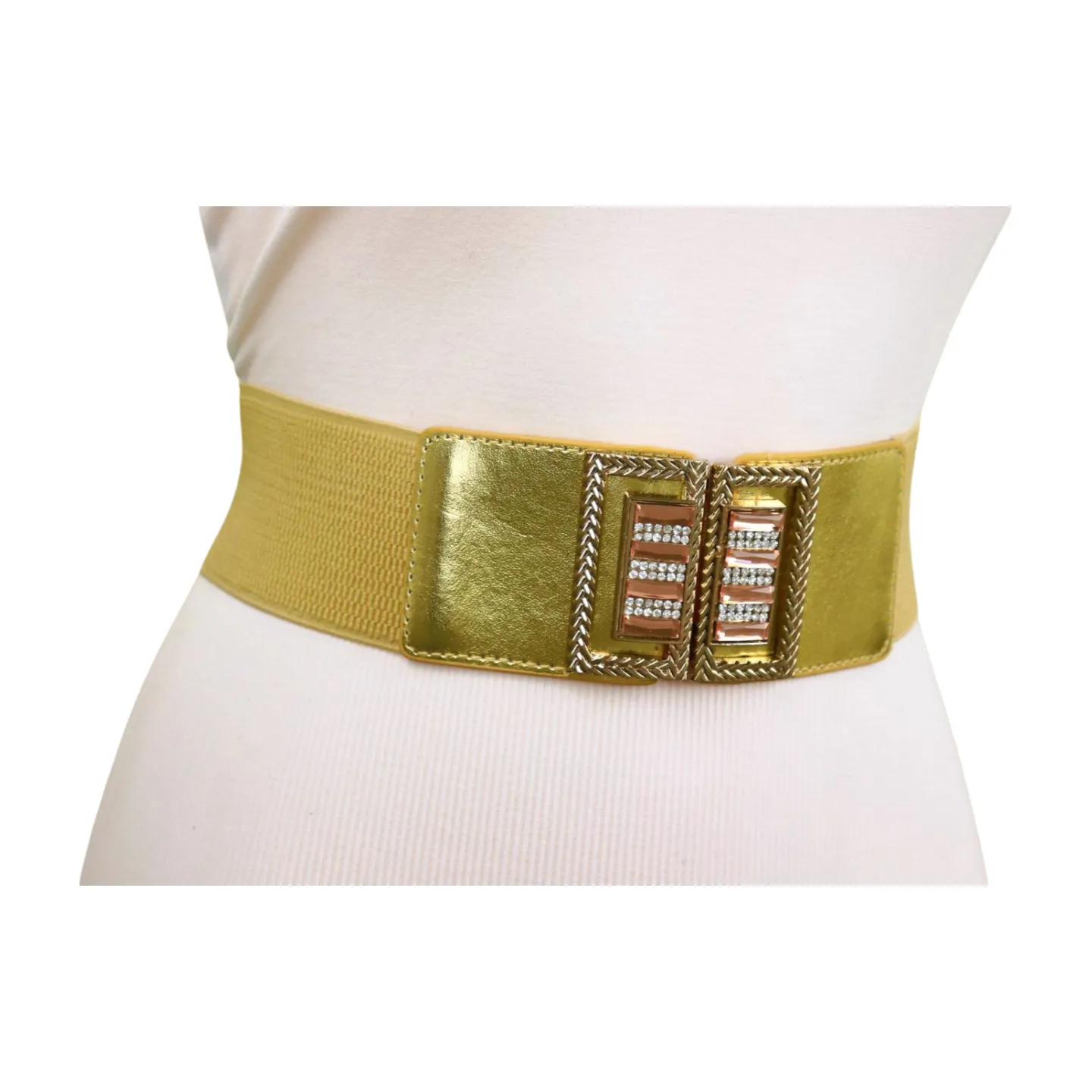Women Orange Elastic Wide Belt Hip Waist Gold Metal C Buckle S M