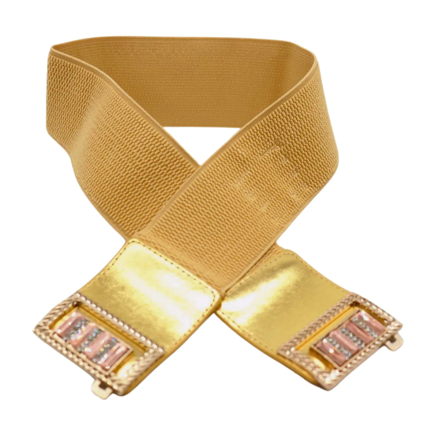 Women Orange Elastic Wide Belt Hip Waist Gold Metal C Buckle S M