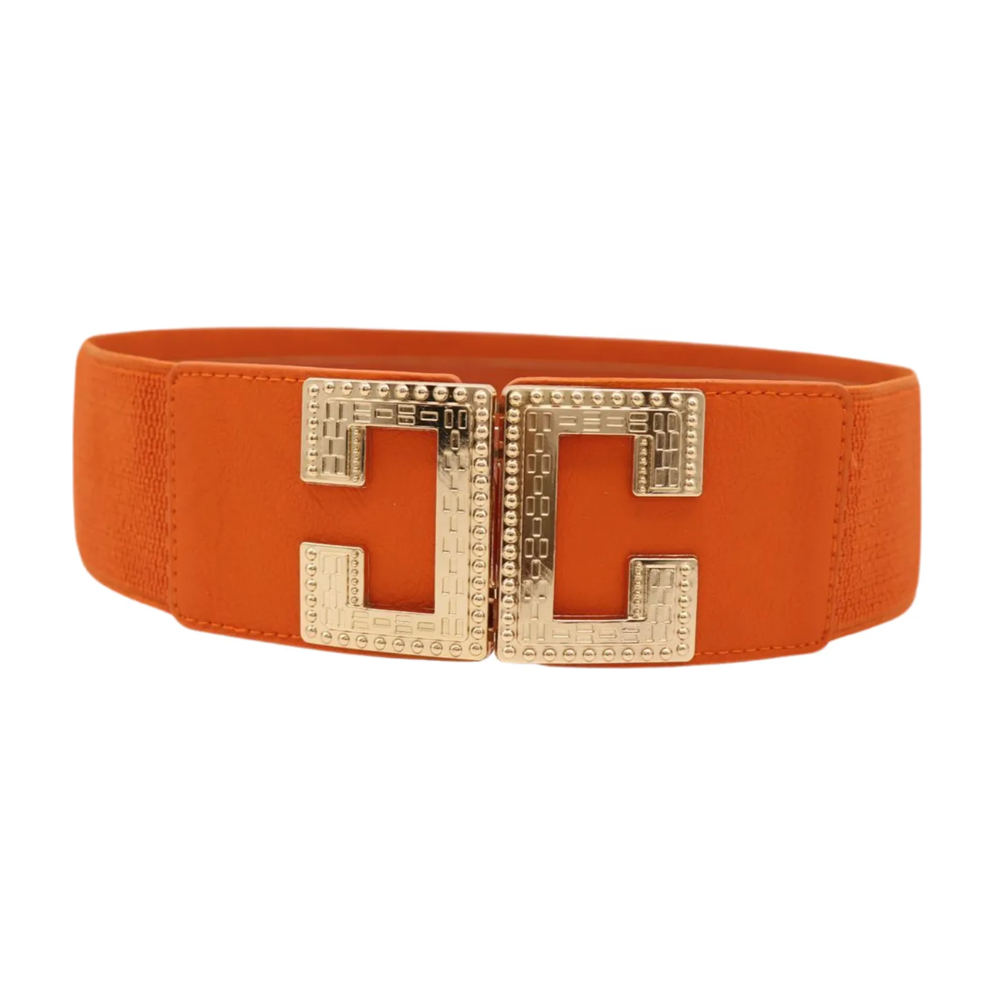 Women Orange Elastic Wide Belt Hip Waist Gold Metal C Buckle S M