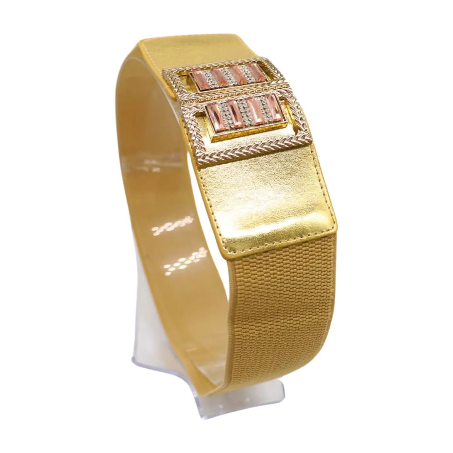 Women Orange Elastic Wide Belt Hip Waist Gold Metal C Buckle S M