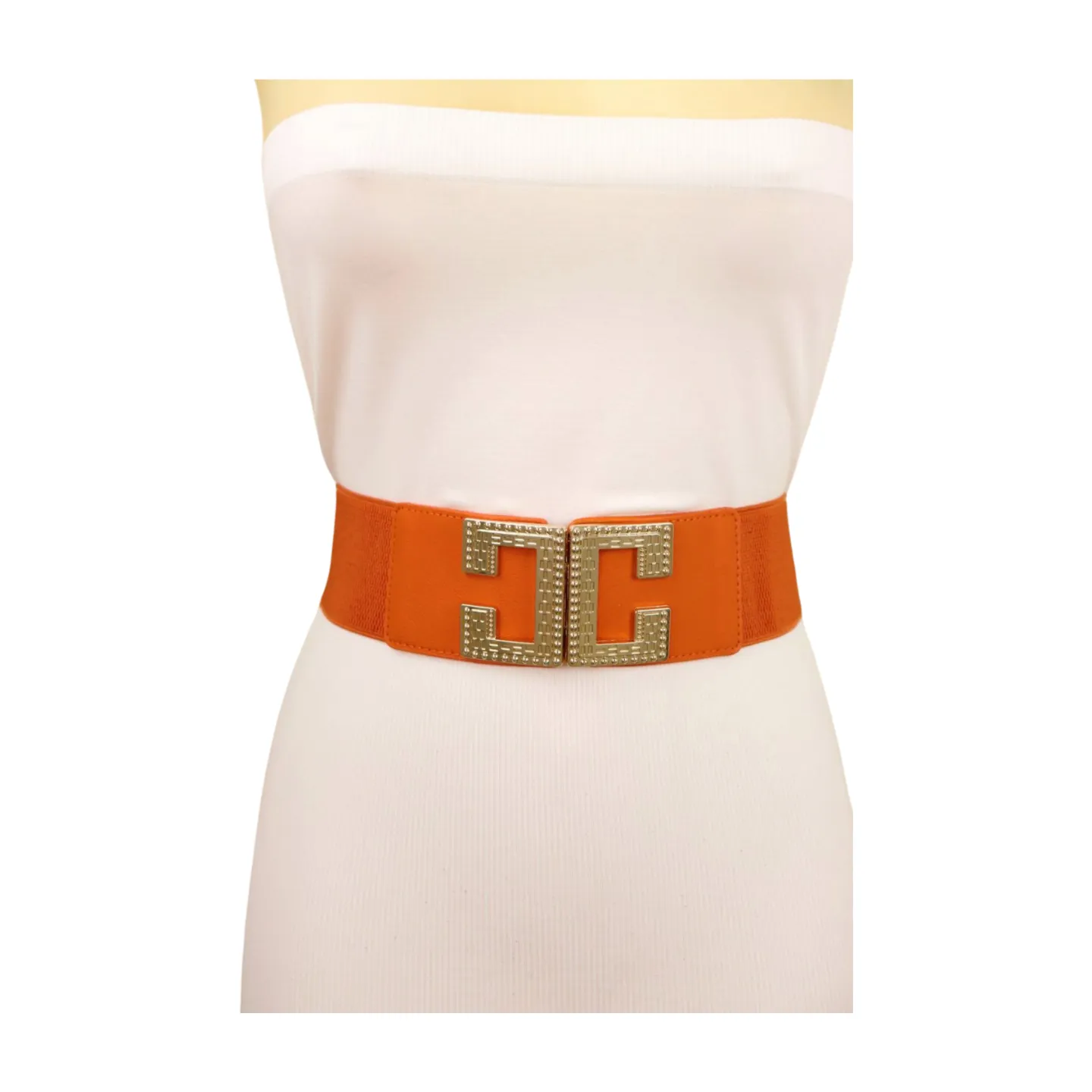 Women Orange Elastic Wide Belt Hip Waist Gold Metal C Buckle S M