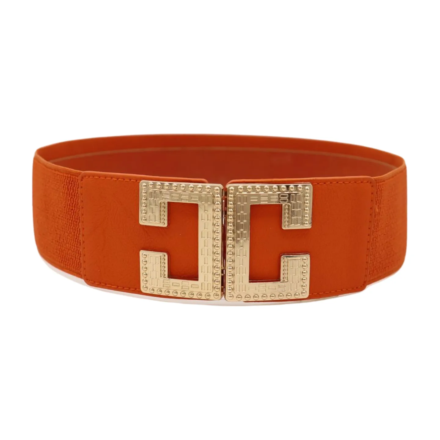 Women Orange Elastic Wide Belt Hip Waist Gold Metal C Buckle S M