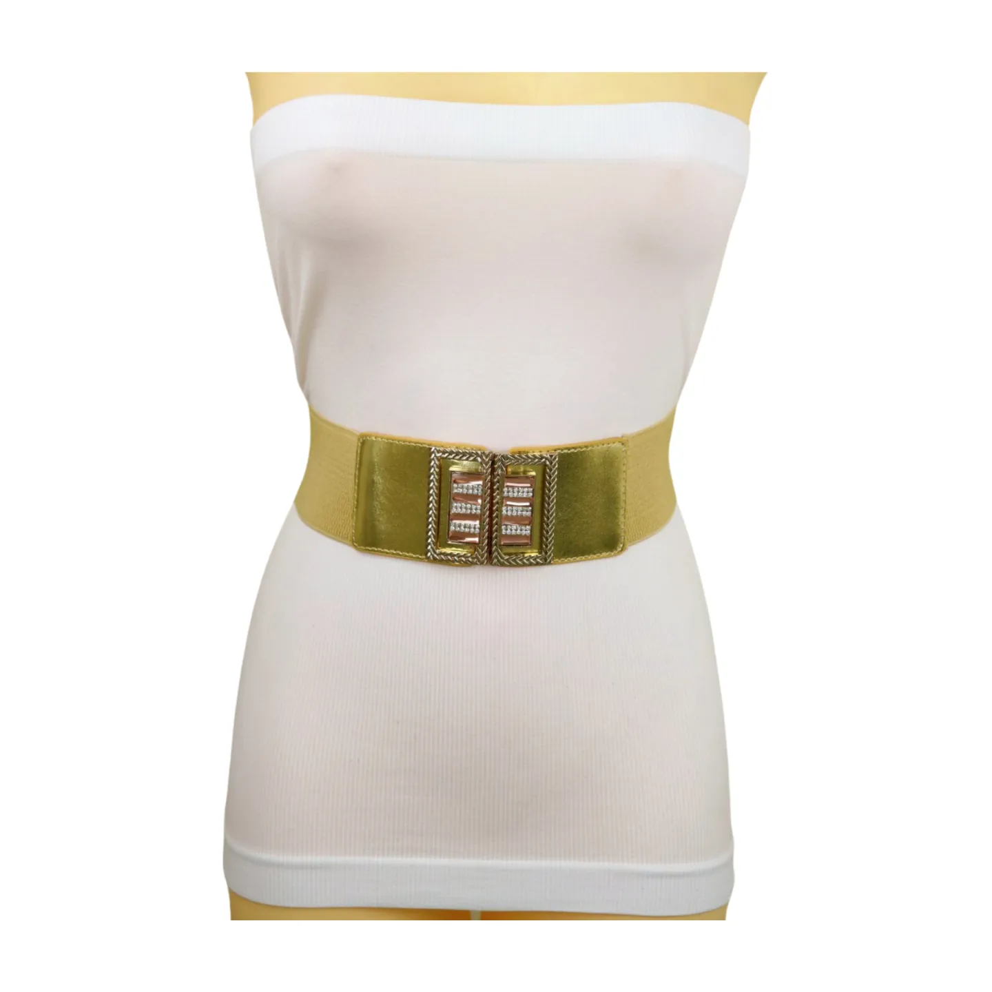 Women Orange Elastic Wide Belt Hip Waist Gold Metal C Buckle S M