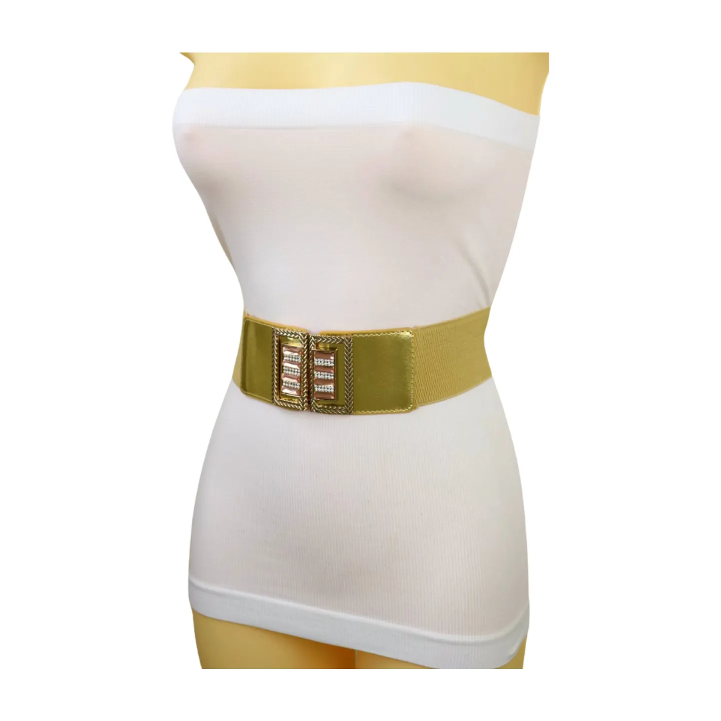 Women Orange Elastic Wide Belt Hip Waist Gold Metal C Buckle S M