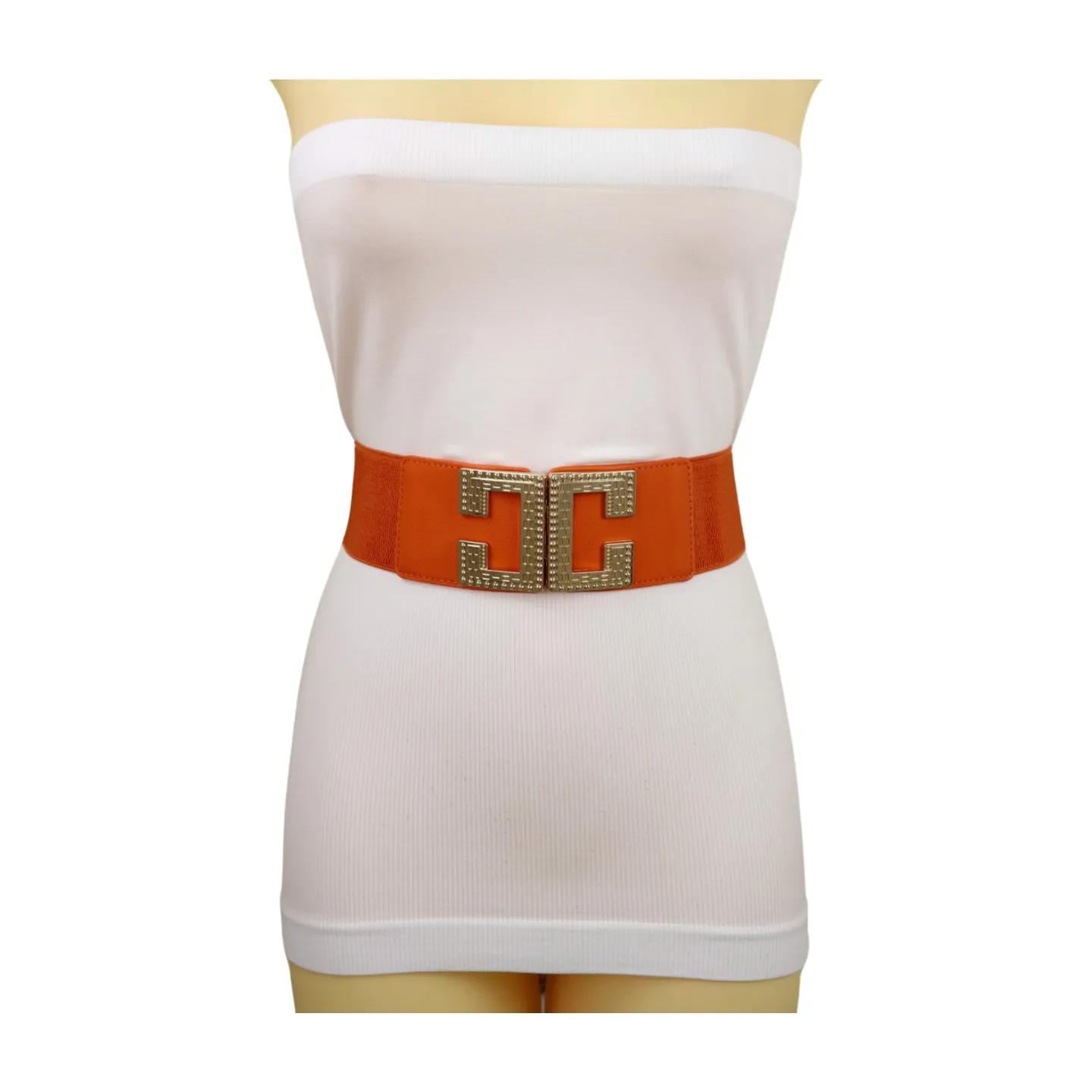 Women Orange Elastic Wide Belt Hip Waist Gold Metal C Buckle S M