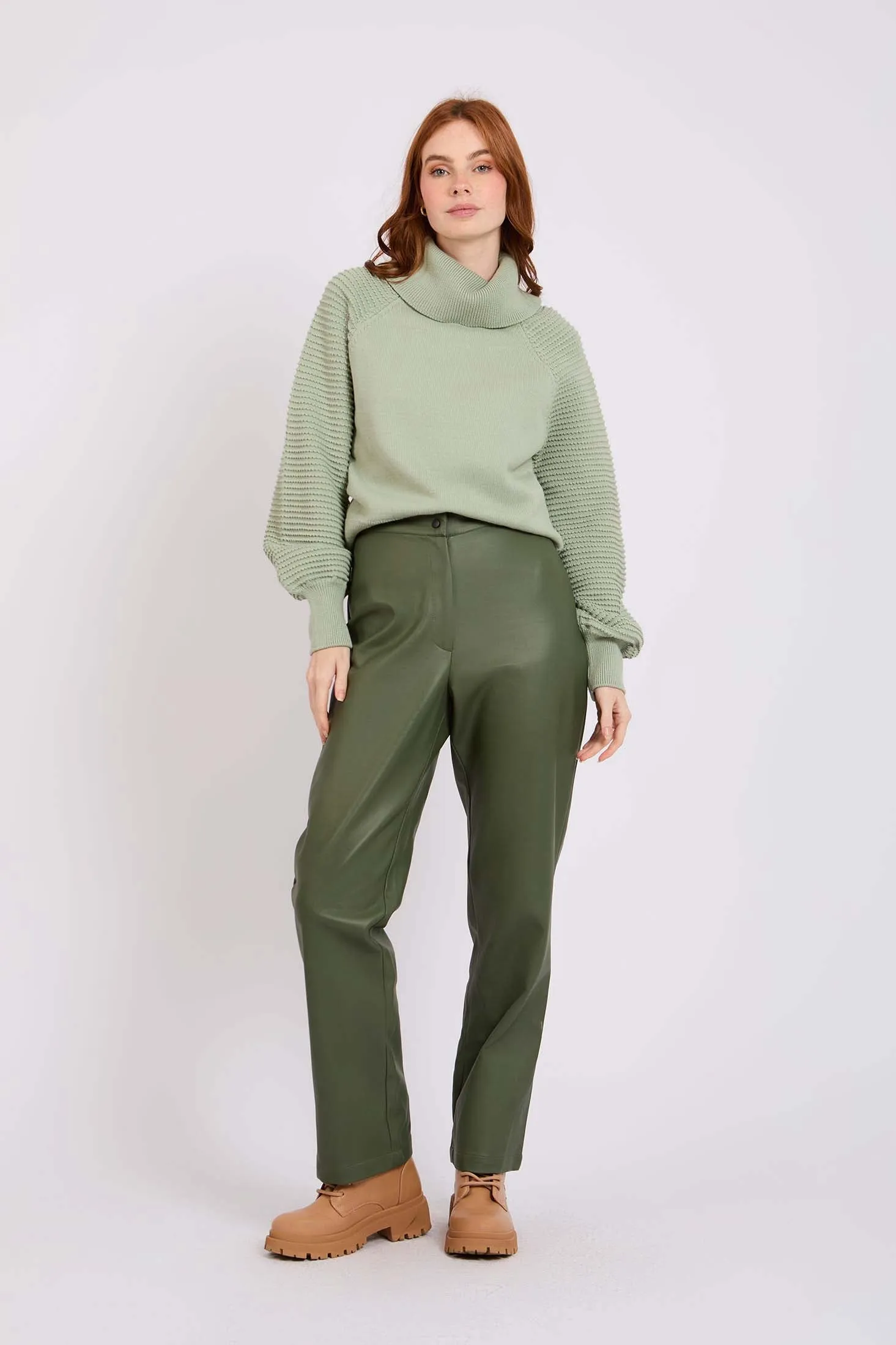 Women Pant  Leather Straight Fit  Green