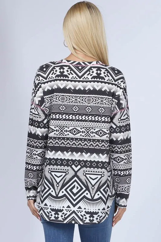 Women's Aztec Print V Neck Long Sleeve Top
