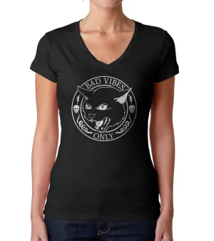 Women's Bad Vibes Only Vneck T-Shirt - Goth Shirt - Black Cat Shirt