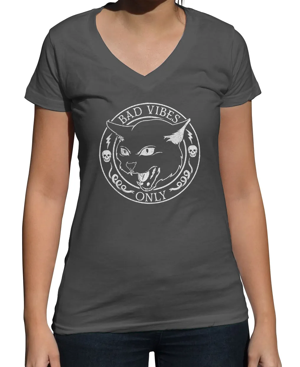 Women's Bad Vibes Only Vneck T-Shirt - Goth Shirt - Black Cat Shirt