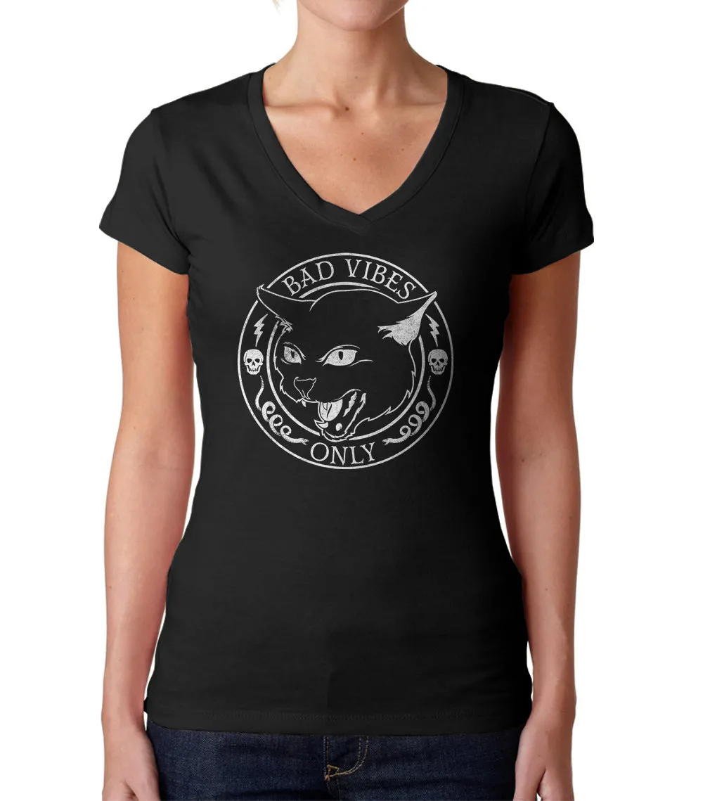 Women's Bad Vibes Only Vneck T-Shirt - Goth Shirt - Black Cat Shirt