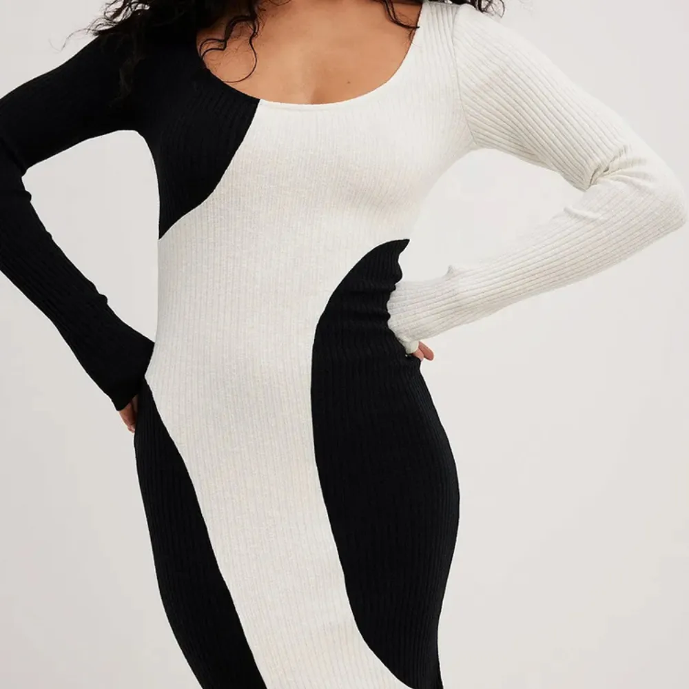 Women's Black and White Contrast Long Dress