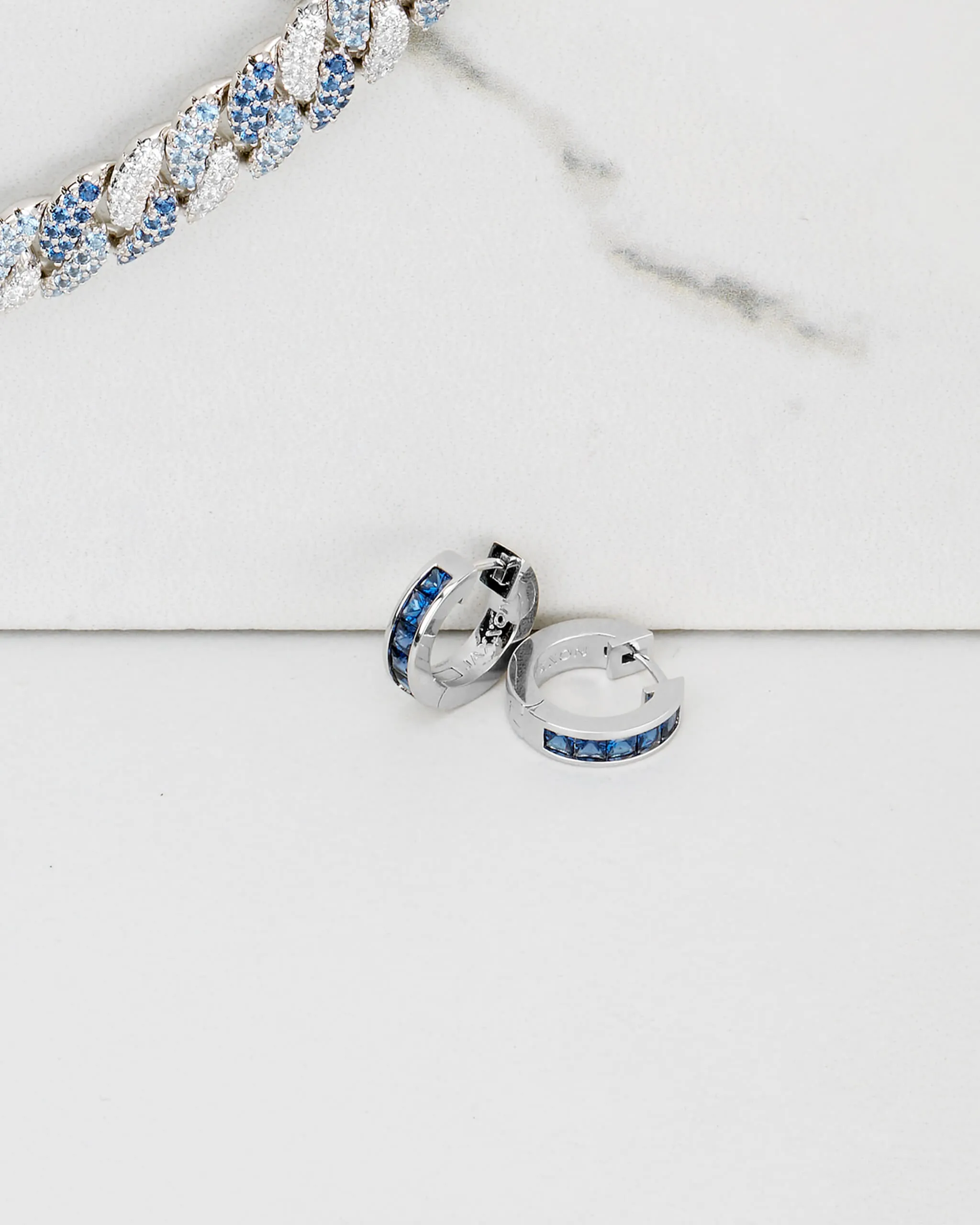 Women's Blue Emerald Cut Inset Hoop Earrings