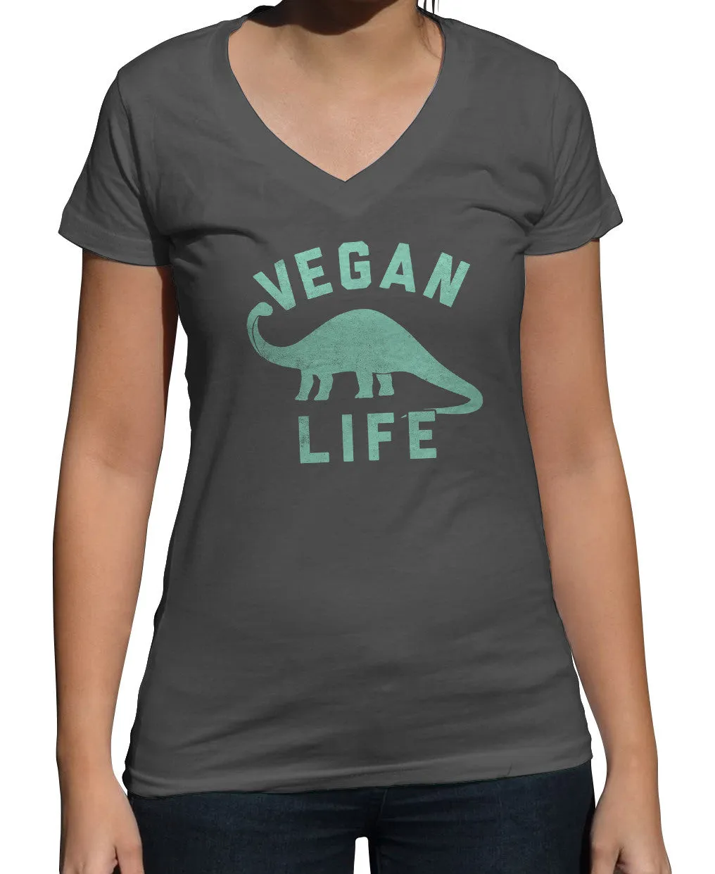 Women's Brontosaurus Vegan Life Vneck T-Shirt - Funny Vegan Shirt