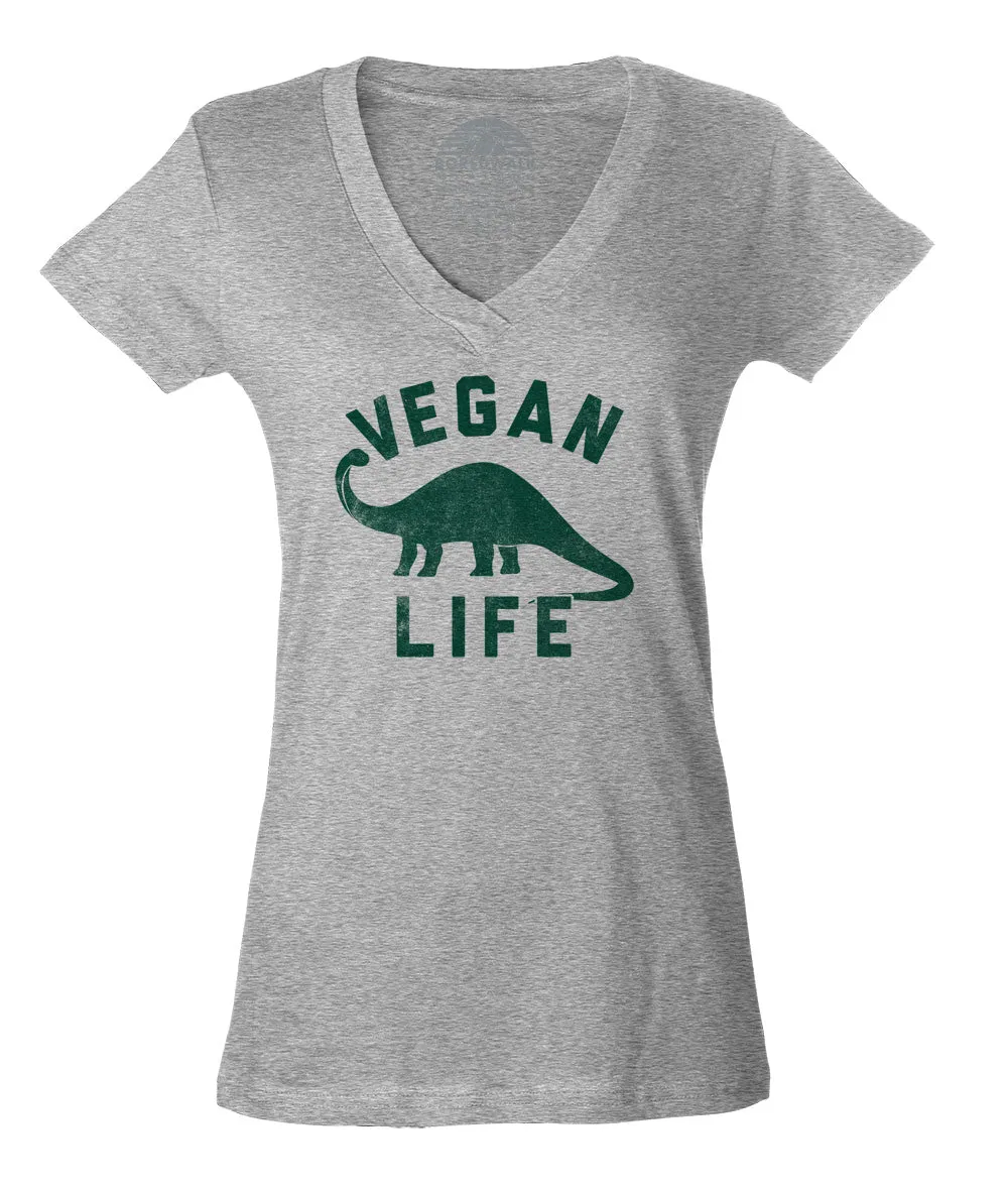 Women's Brontosaurus Vegan Life Vneck T-Shirt - Funny Vegan Shirt