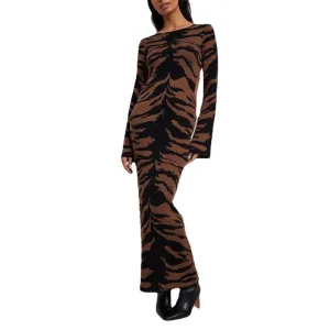 Women's Brown Striped Knitted Long Dress