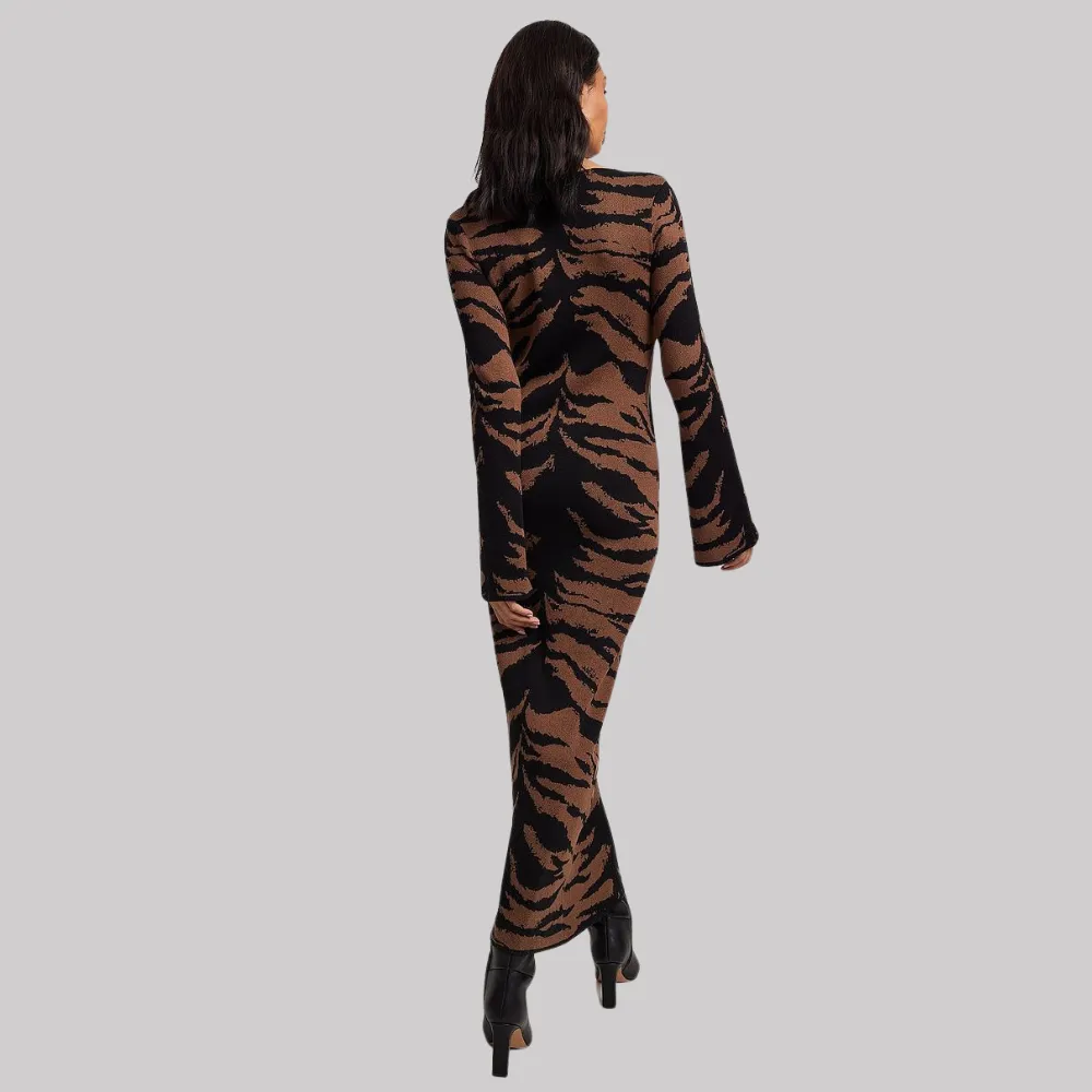 Women's Brown Striped Knitted Long Dress