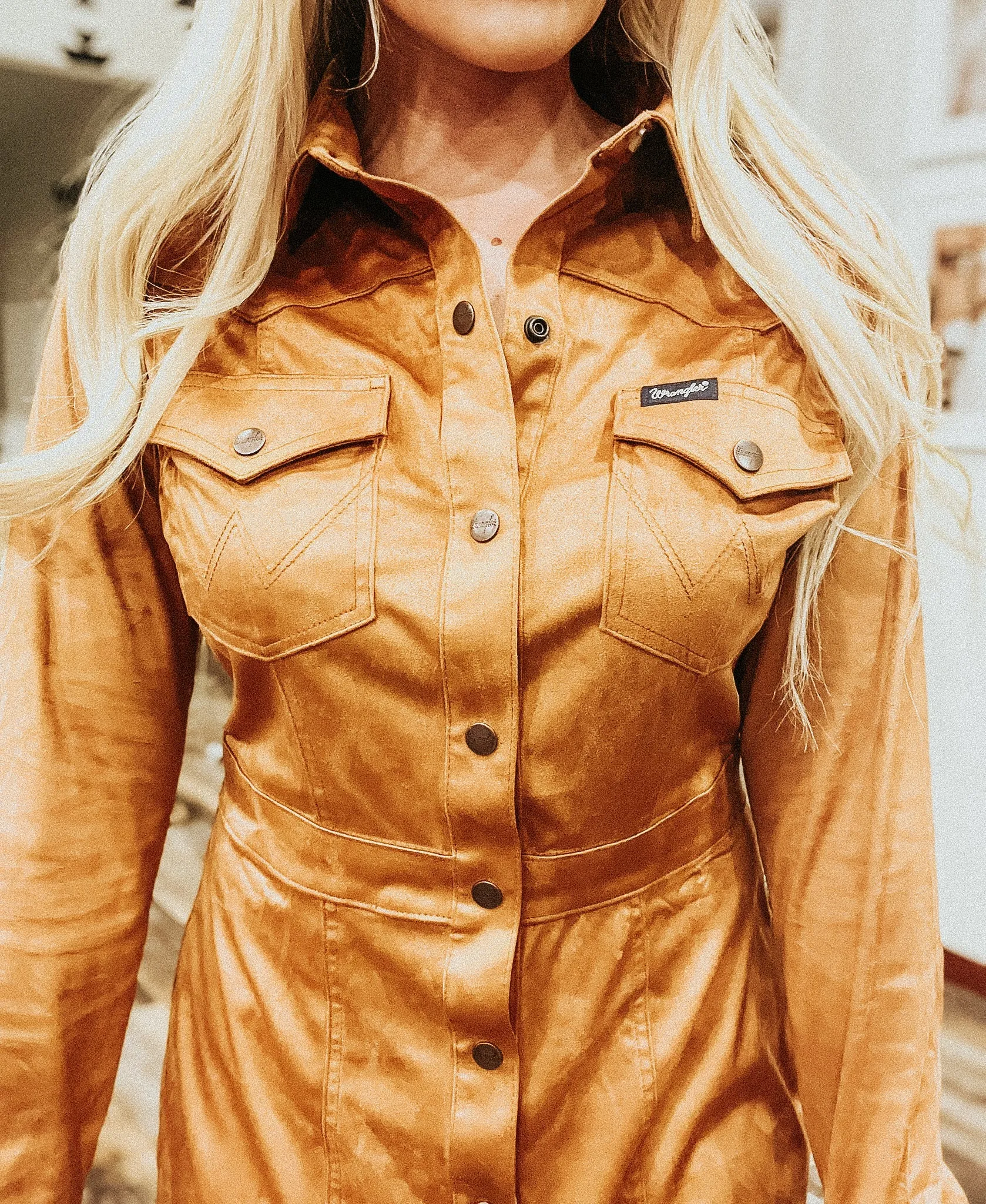 Women's Cognac Suede Snap Dress