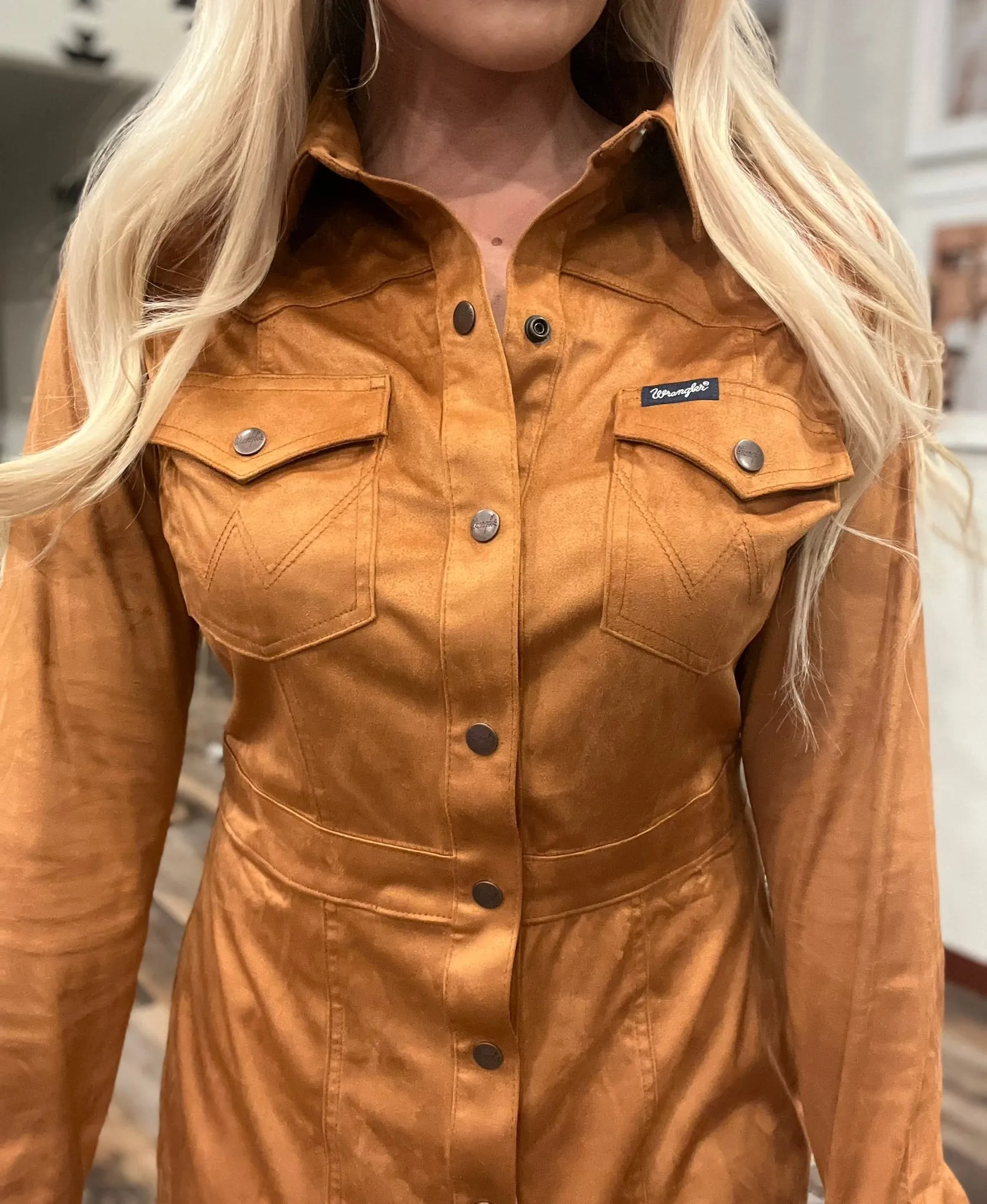 Women's Cognac Suede Snap Dress