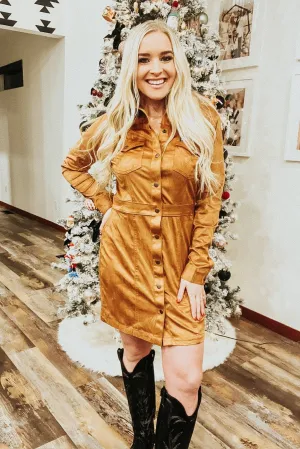 Women's Cognac Suede Snap Dress
