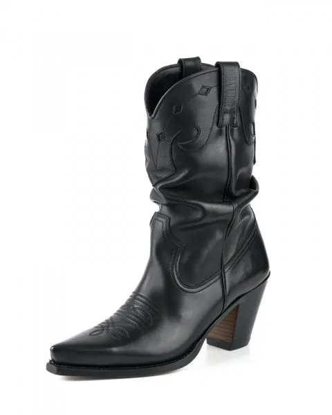 Women's Cowboy Country Western Boots Handmade Black Leather Ruched Top 1952 