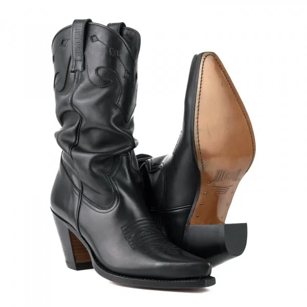 Women's Cowboy Country Western Boots Handmade Black Leather Ruched Top 1952 