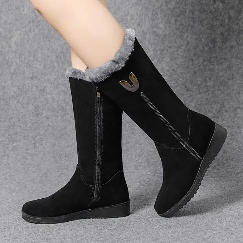Women's High Faux Suede Boots Fur Lined Warm Winter Boots Mid-Calf Plush Flat Boots Zipper