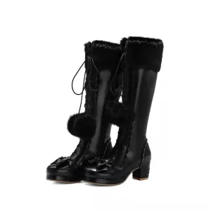 Women's High Winter Boots Warm Fur Neck Lolita Cosplay Party Princess Lace Up Boots Bowtie Chunky Heel Side Zipper PU Leather Boots