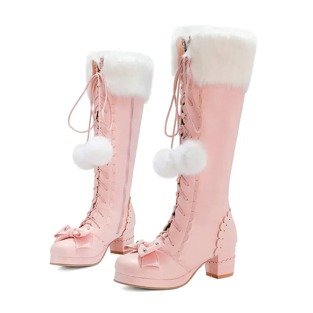 Women's High Winter Boots Warm Fur Neck Lolita Cosplay Party Princess Lace Up Boots Bowtie Chunky Heel Side Zipper PU Leather Boots