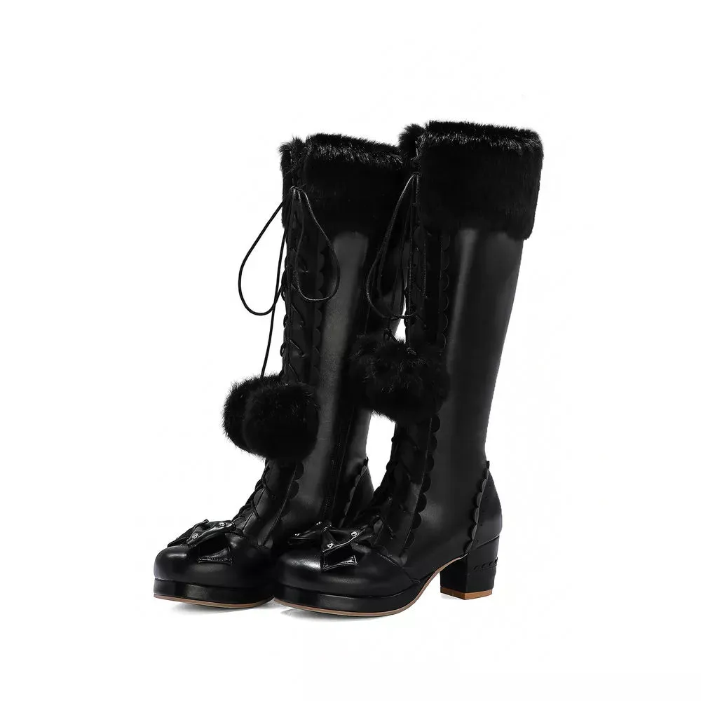 Women's High Winter Boots Warm Fur Neck Lolita Cosplay Party Princess Lace Up Boots Bowtie Chunky Heel Side Zipper PU Leather Boots