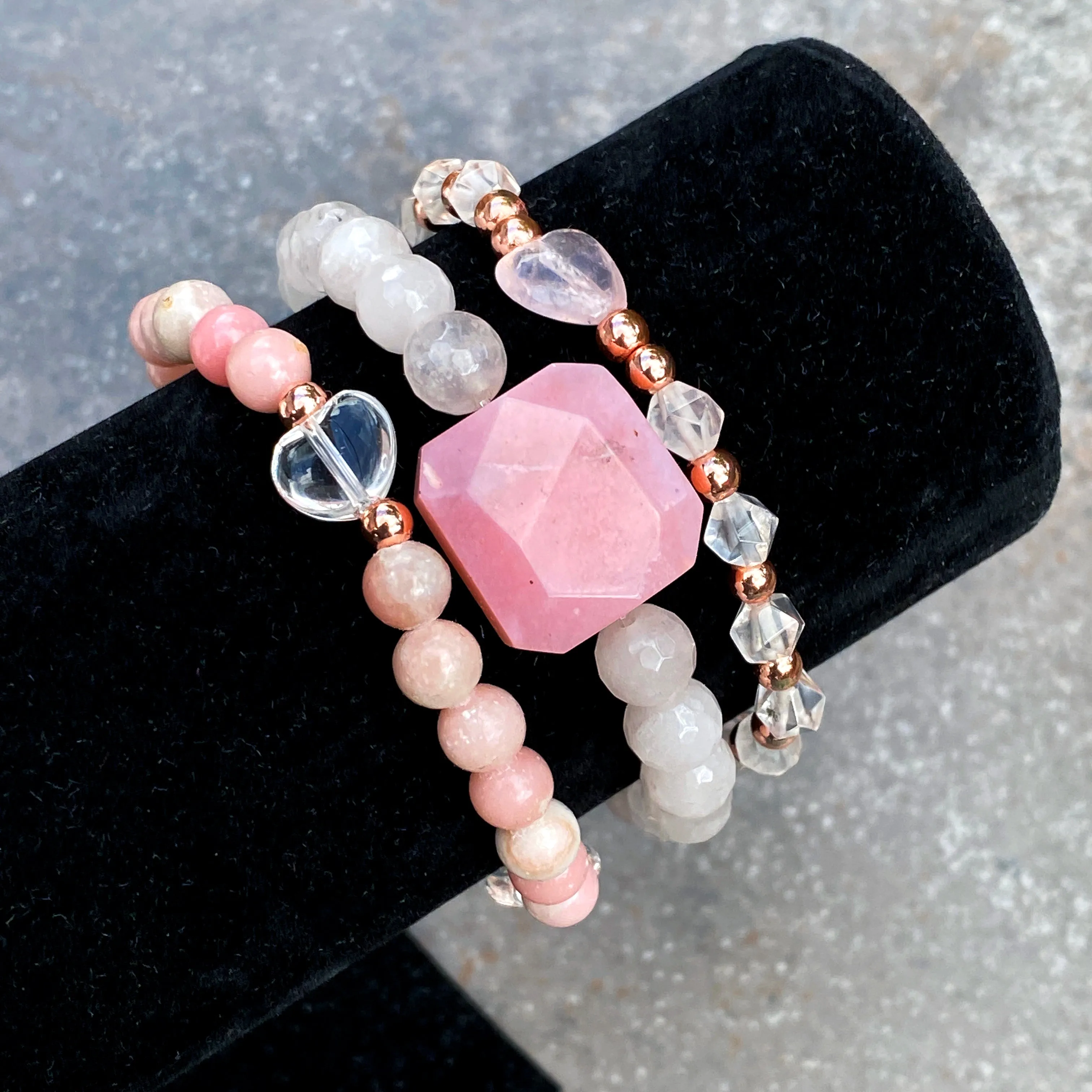 Women's KISS Gemstone bracelet stack set with Opals, Rose Quartz and Clear Quartz heart.