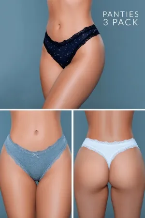 Women's Lace Trim Low Rise Mystic Print Design Bow Detail Thong (Pack of 3)