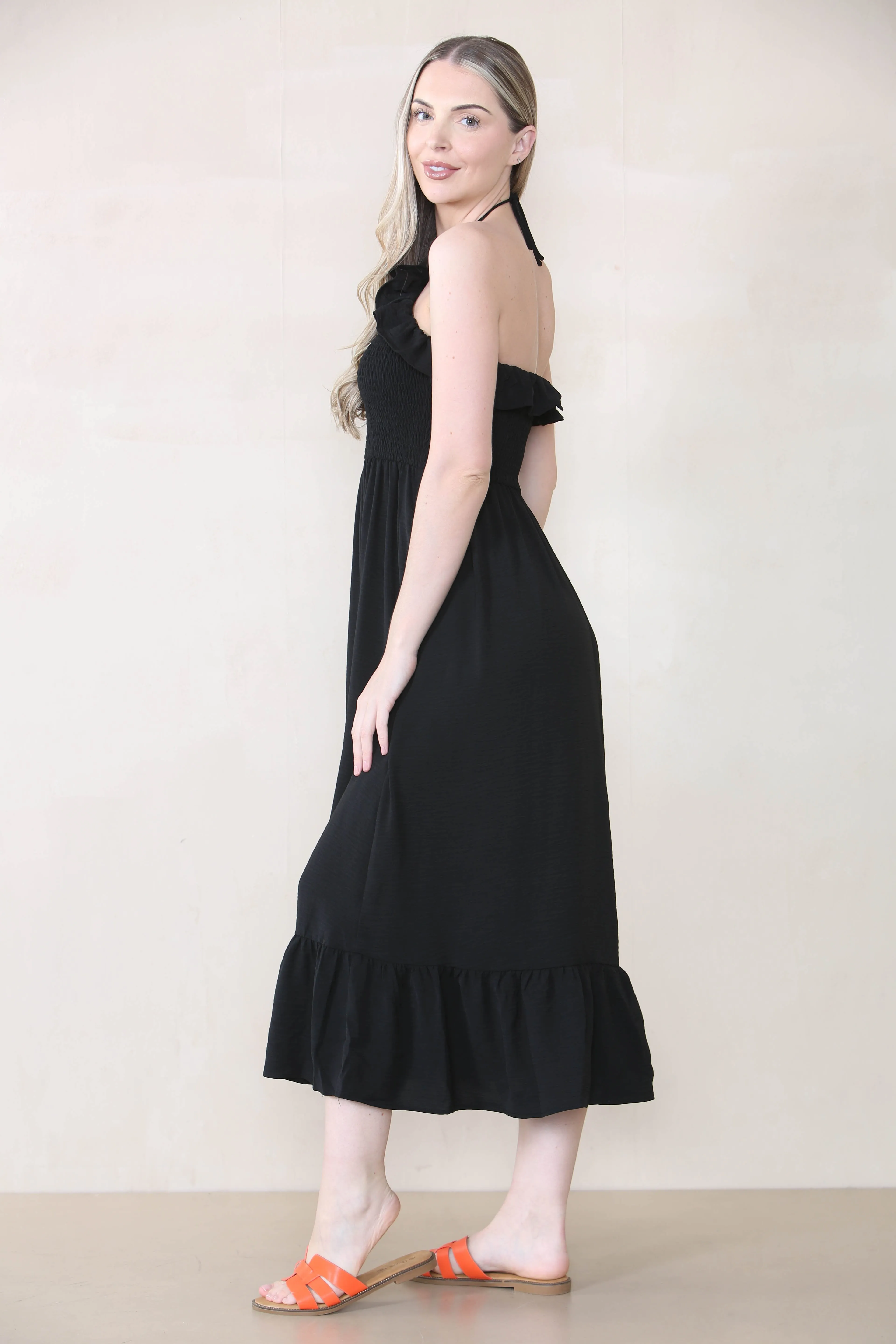Women's Lovely Plain Sleeveless Frill Front Tie Thin Waist Pleated Maxi Dress