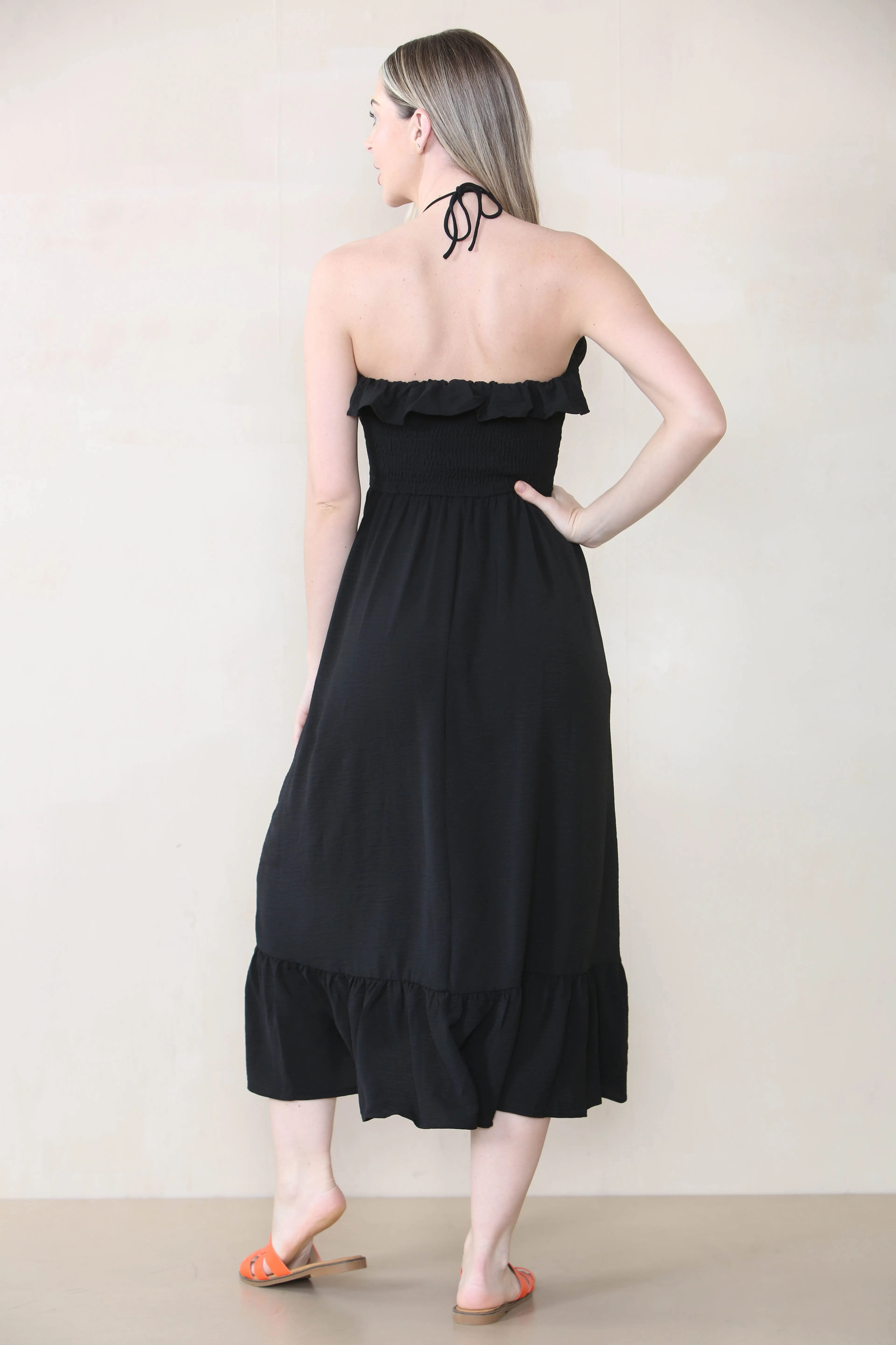 Women's Lovely Plain Sleeveless Frill Front Tie Thin Waist Pleated Maxi Dress