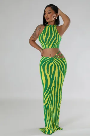 Women's Mock Neck Crop Top Green Maxi Skirt Set