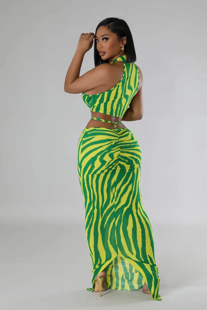 Women's Mock Neck Crop Top Green Maxi Skirt Set