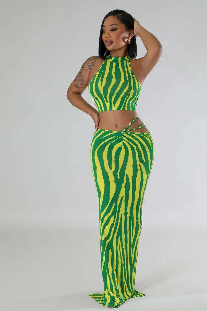Women's Mock Neck Crop Top Green Maxi Skirt Set