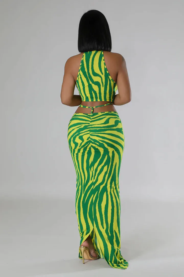 Women's Mock Neck Crop Top Green Maxi Skirt Set