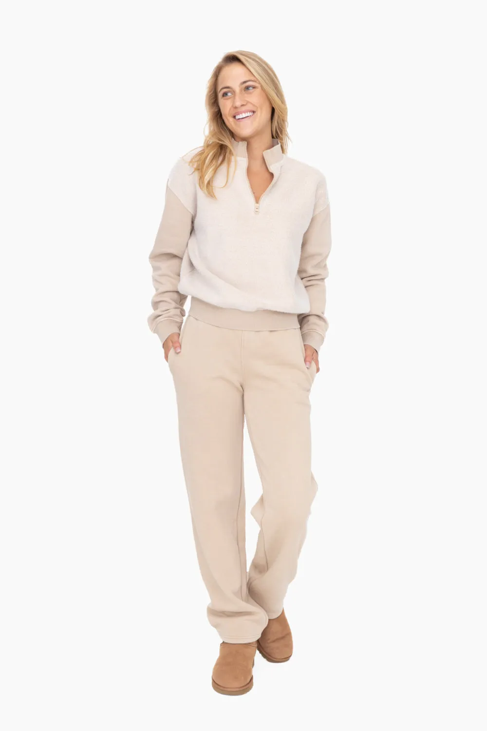 Women's Mono B | Vintage Fleece Half Zip Pullover Top | Taupe