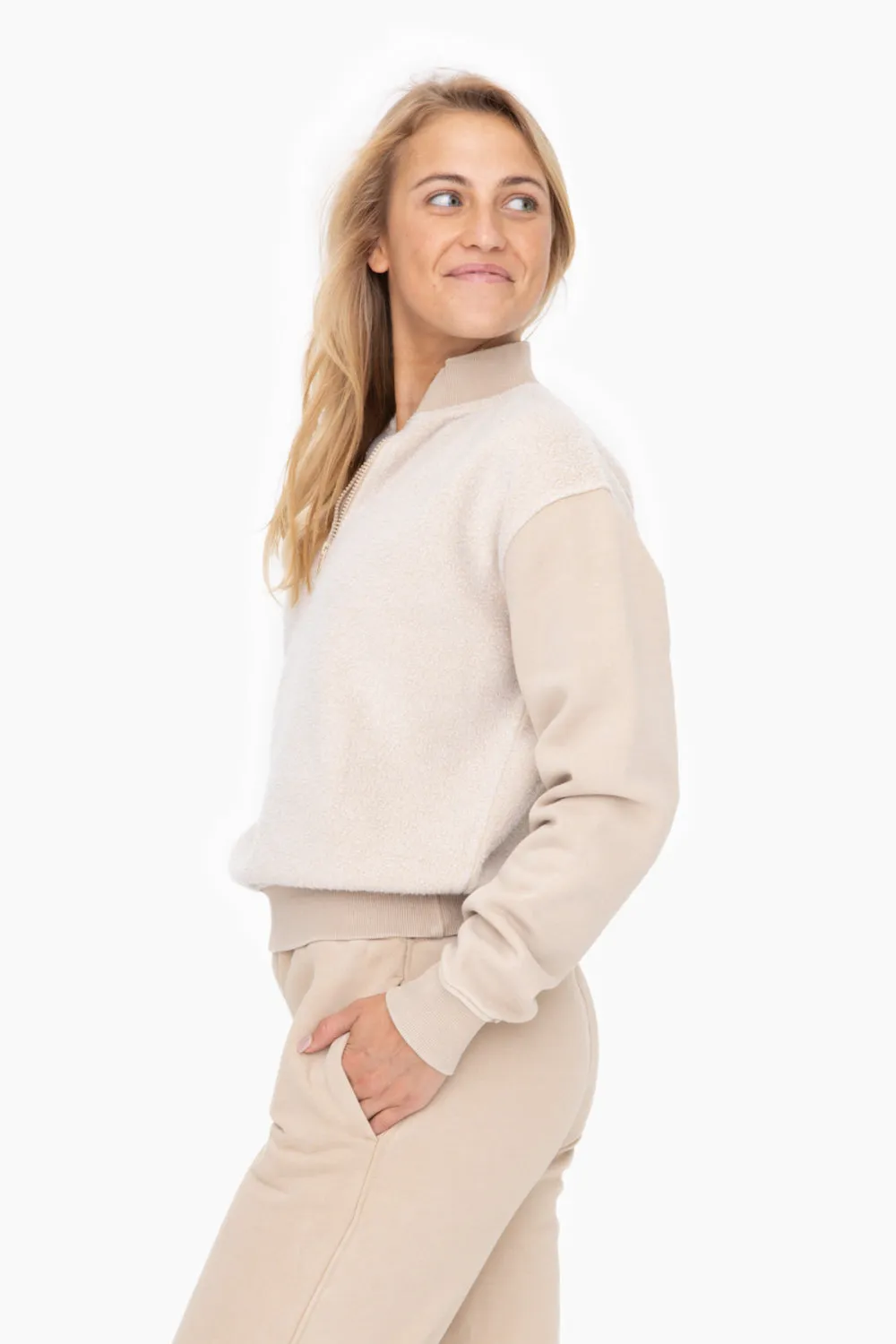 Women's Mono B | Vintage Fleece Half Zip Pullover Top | Taupe