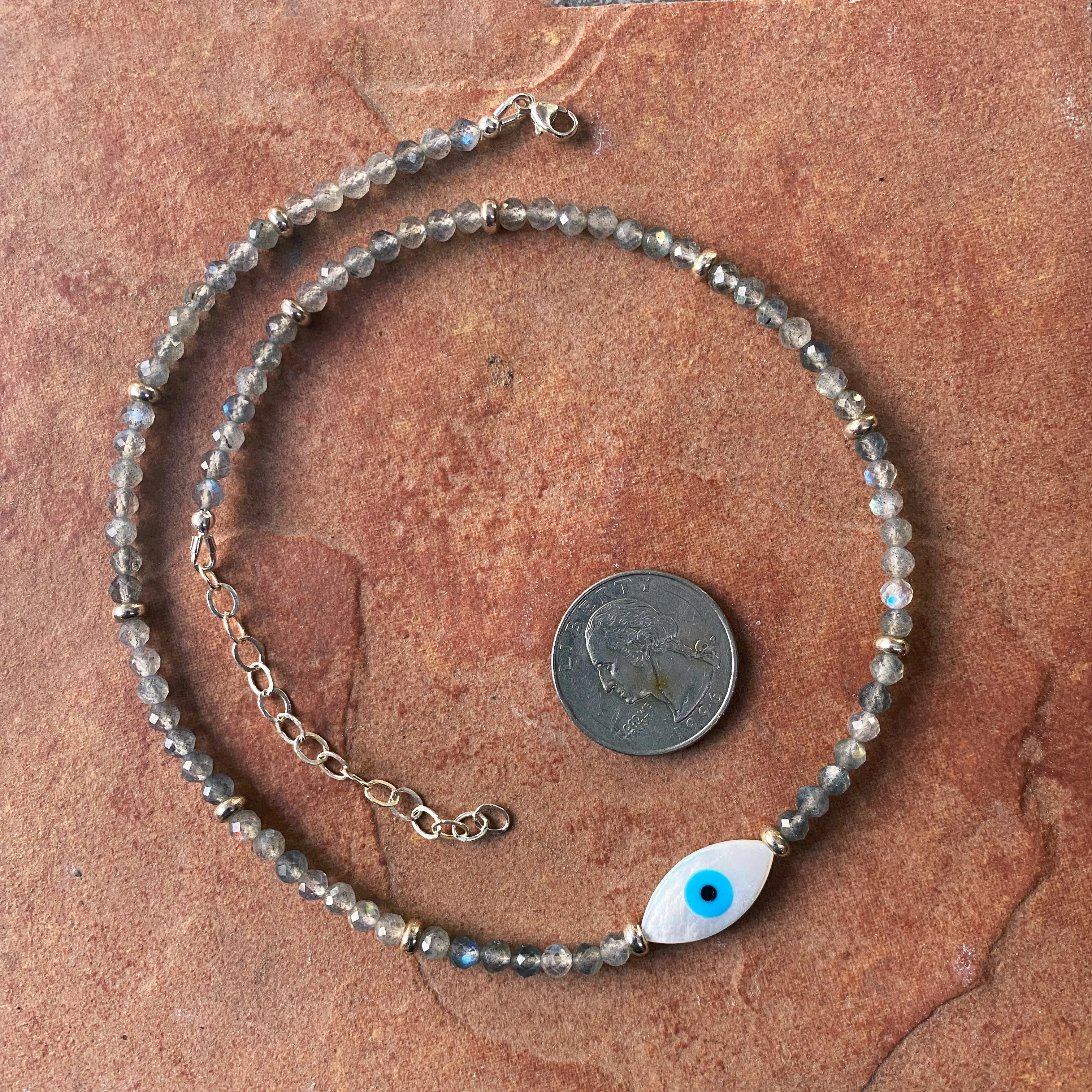 Women's Mother of Pearl Evil Eye Choker with Labradorite Gemstones & Sterling Silver