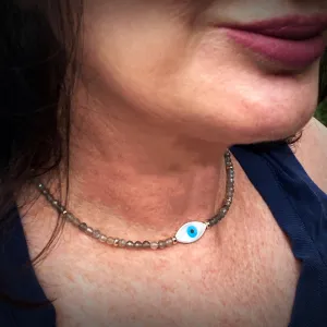 Women's Mother of Pearl Evil Eye Choker with Labradorite Gemstones & Sterling Silver