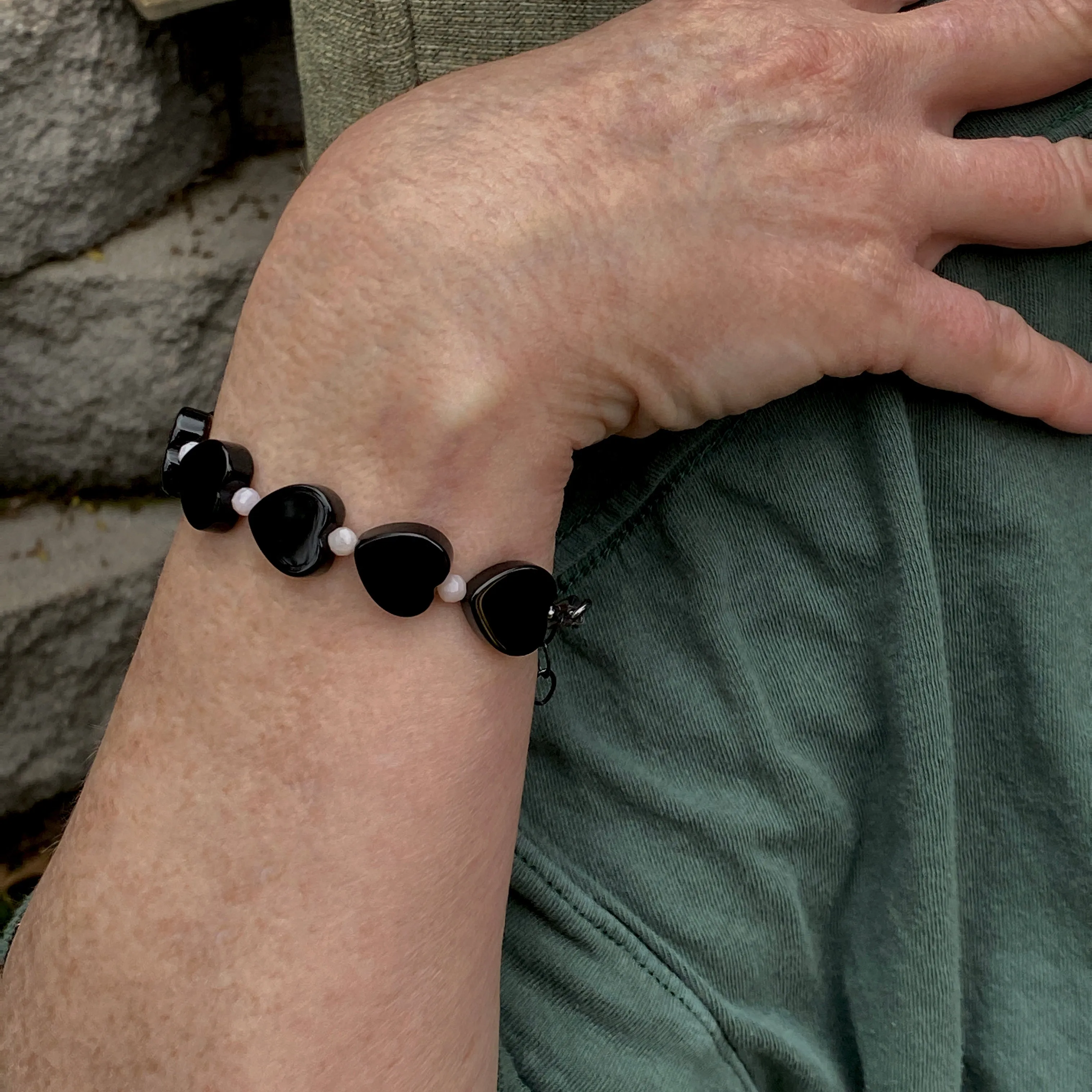 Women's Onyx Hearts & Pink Opal Gemstone bracelet