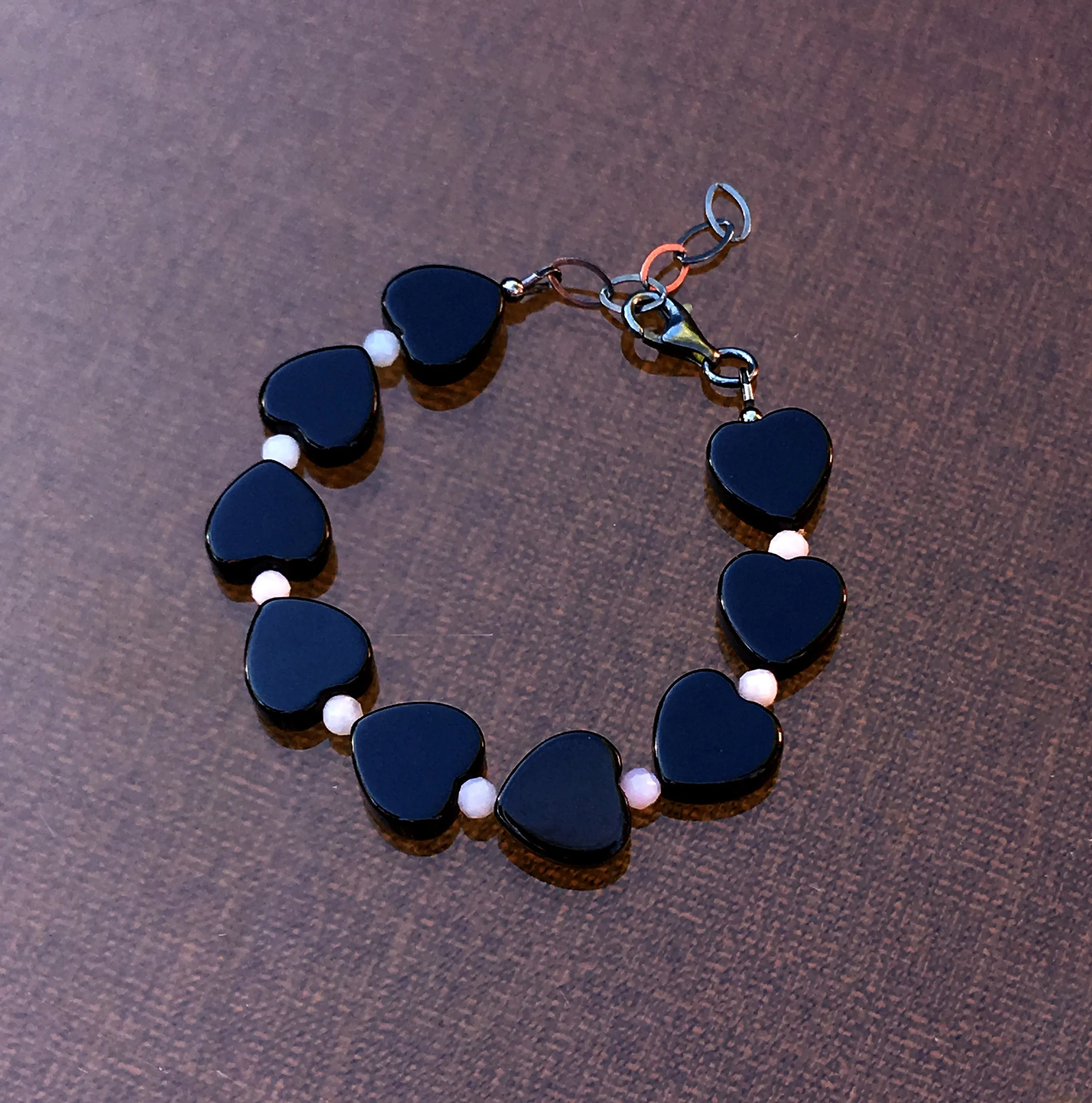 Women's Onyx Hearts & Pink Opal Gemstone bracelet