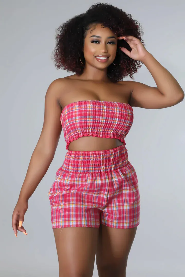 Women's Plaid Stylish Tube Top High Waisted Pink Short set