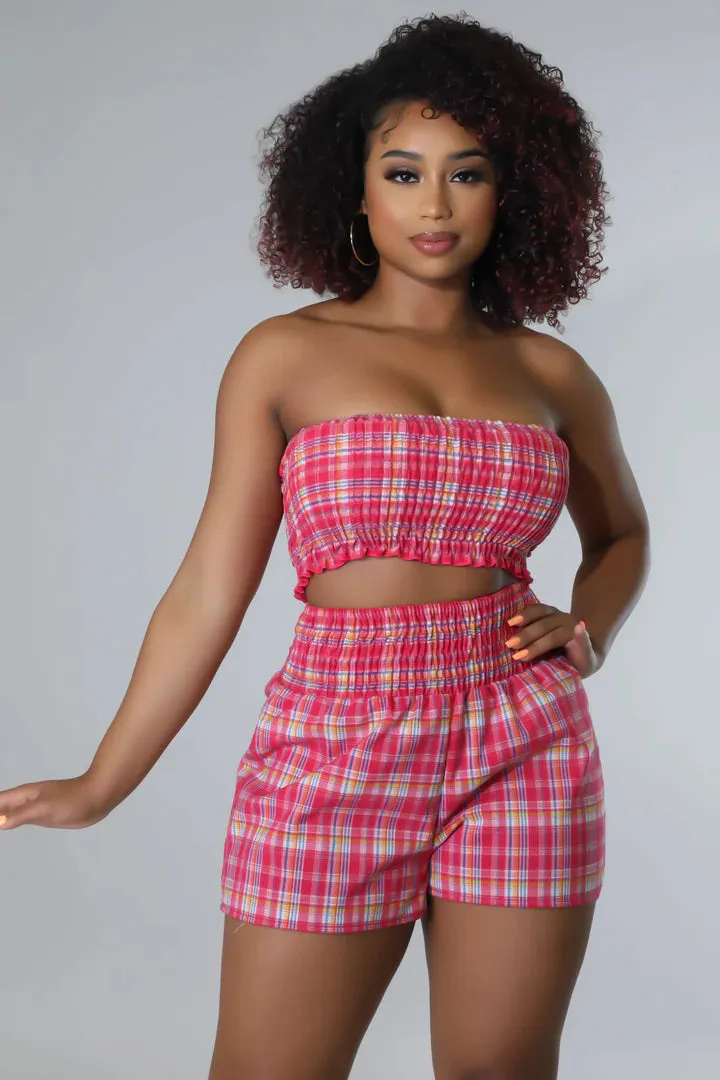 Women's Plaid Stylish Tube Top High Waisted Pink Short set