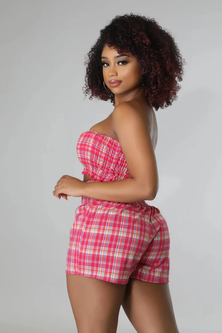 Women's Plaid Stylish Tube Top High Waisted Pink Short set