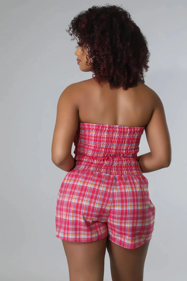 Women's Plaid Stylish Tube Top High Waisted Pink Short set