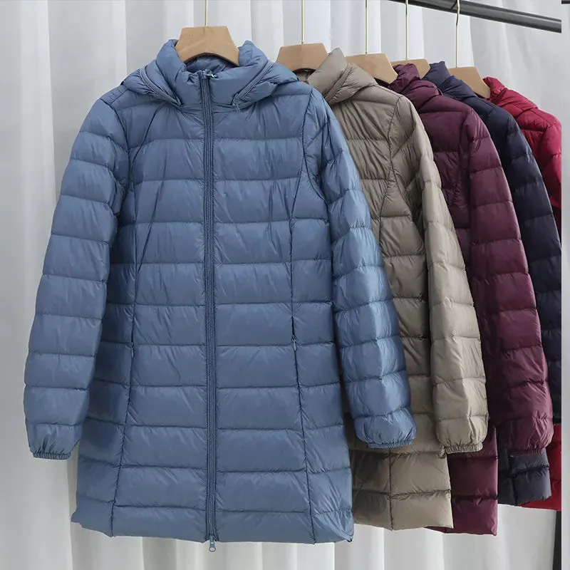 Women's Plus Size Down Puffer Jacket Detachable Hood Light Thin White Duck Down Winter Jacket Long Warm Puffer Outerwear